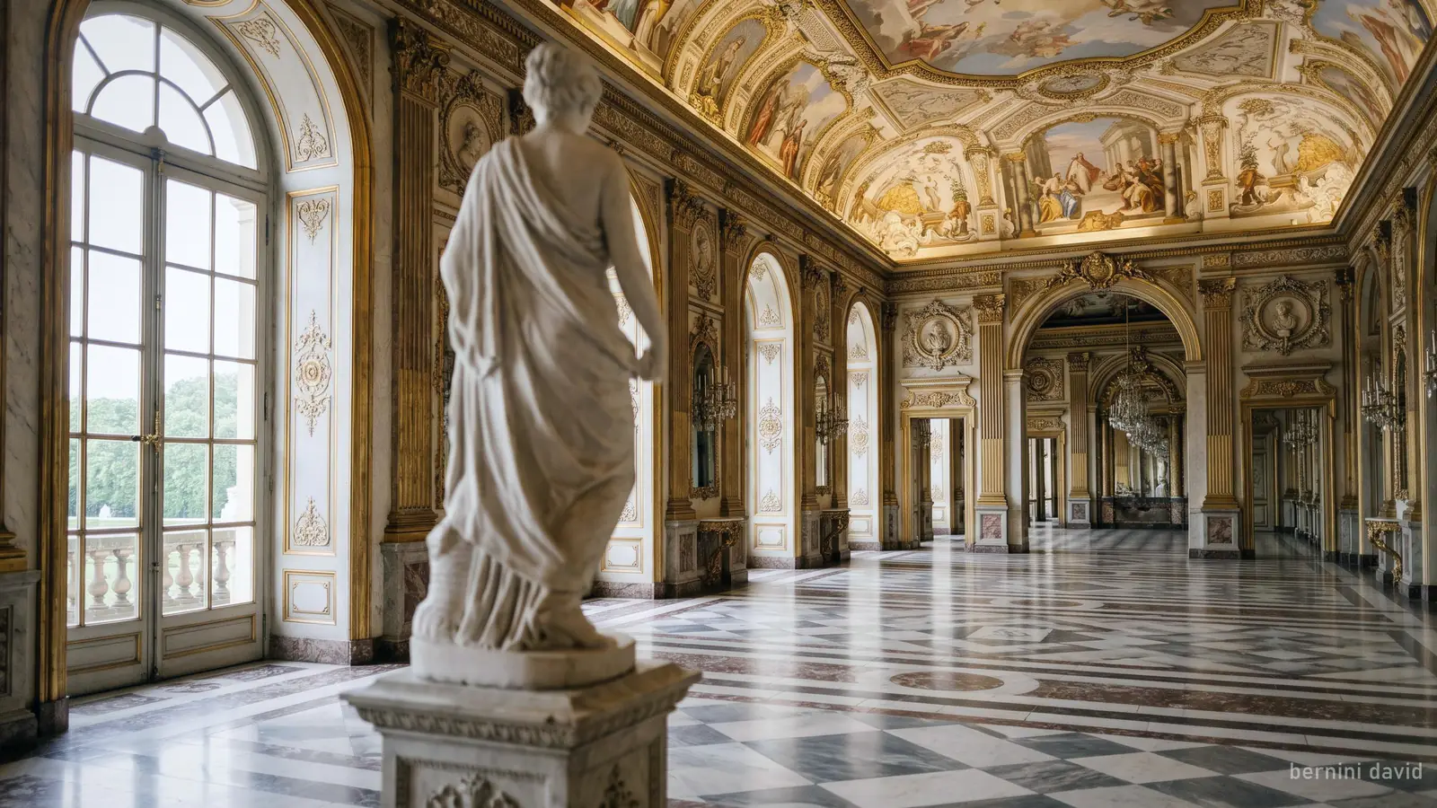A statue room with a frescoed ceiling, like the David Room of the Borghese Gallery