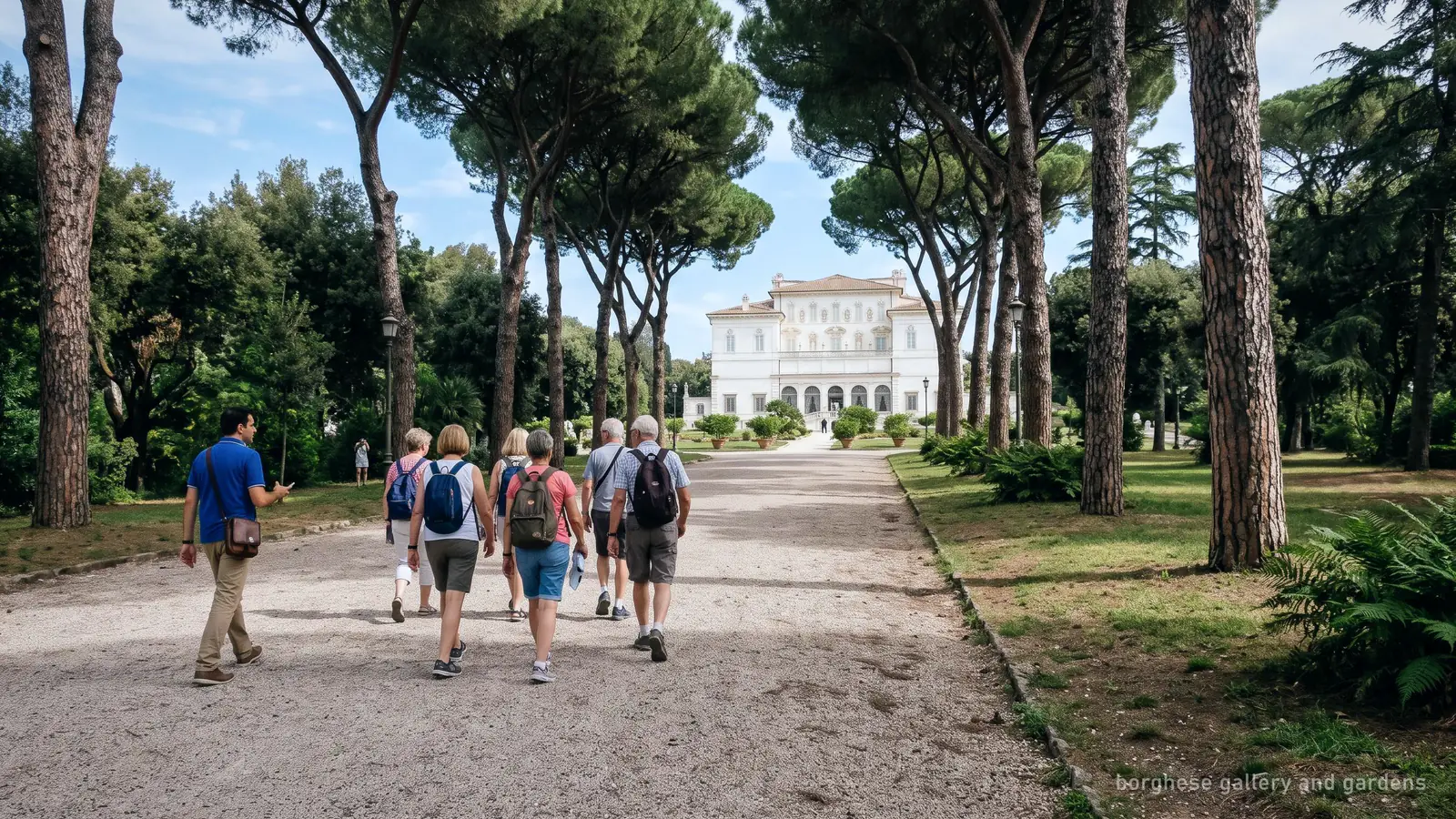 A guided group walking through the Villa Borghese gardens near the gallery