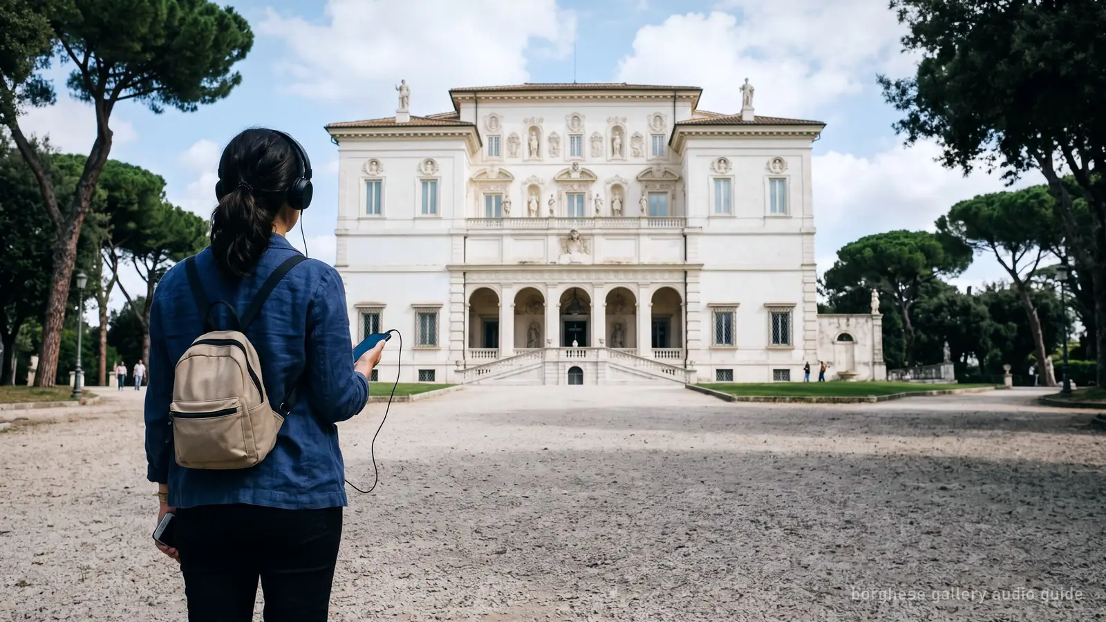 A visitor with an audio guide on their phone outside the Borghese Gallery villa