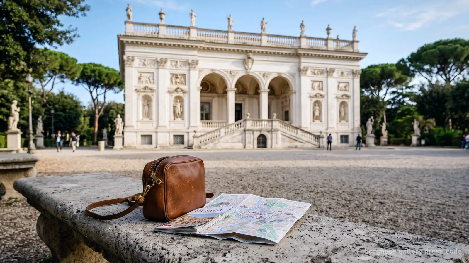A small handbag, the size allowed inside, on a bench outside the Borghese Gallery