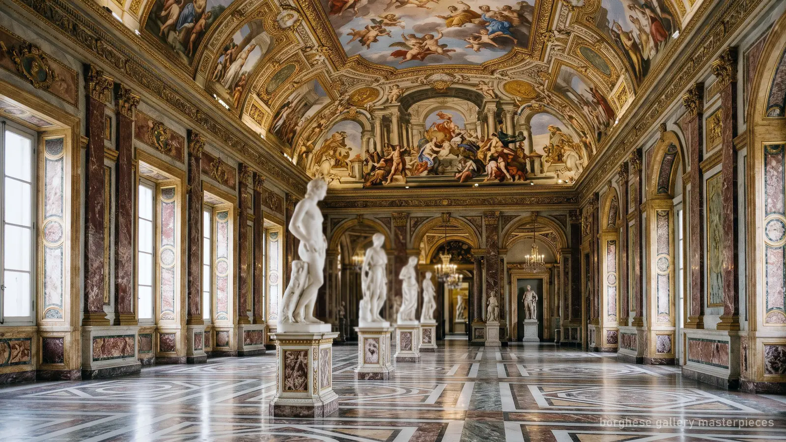 A sculpture room with a frescoed ceiling, as on the Borghese Gallery ground floor