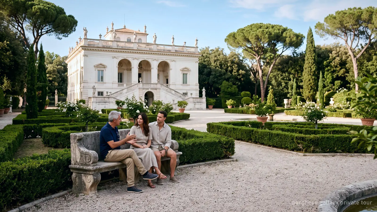 A couple with a private guide in the garden of the Borghese Gallery villa