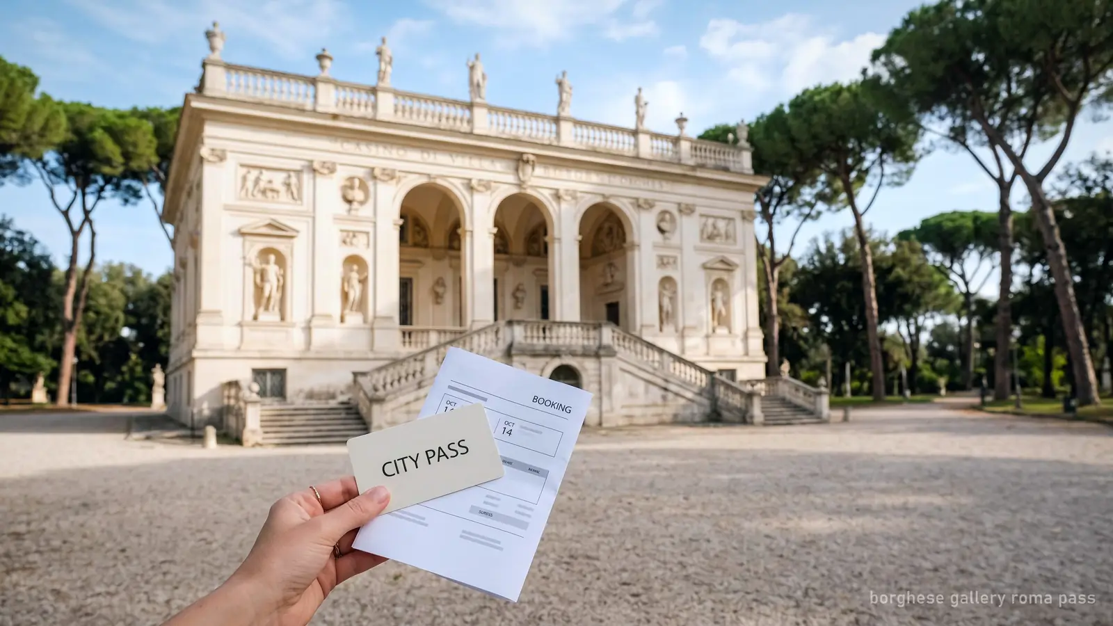 A city pass and a printed timed booking held up in front of the Borghese Gallery villa