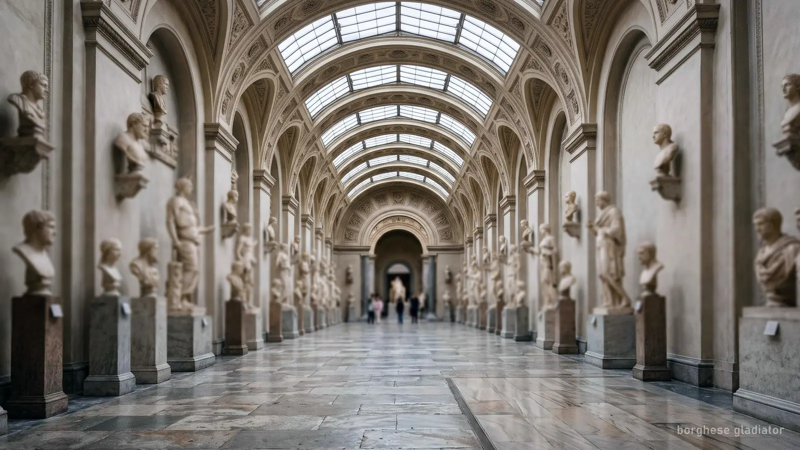 A long gallery of ancient marble statues under a skylit vault
