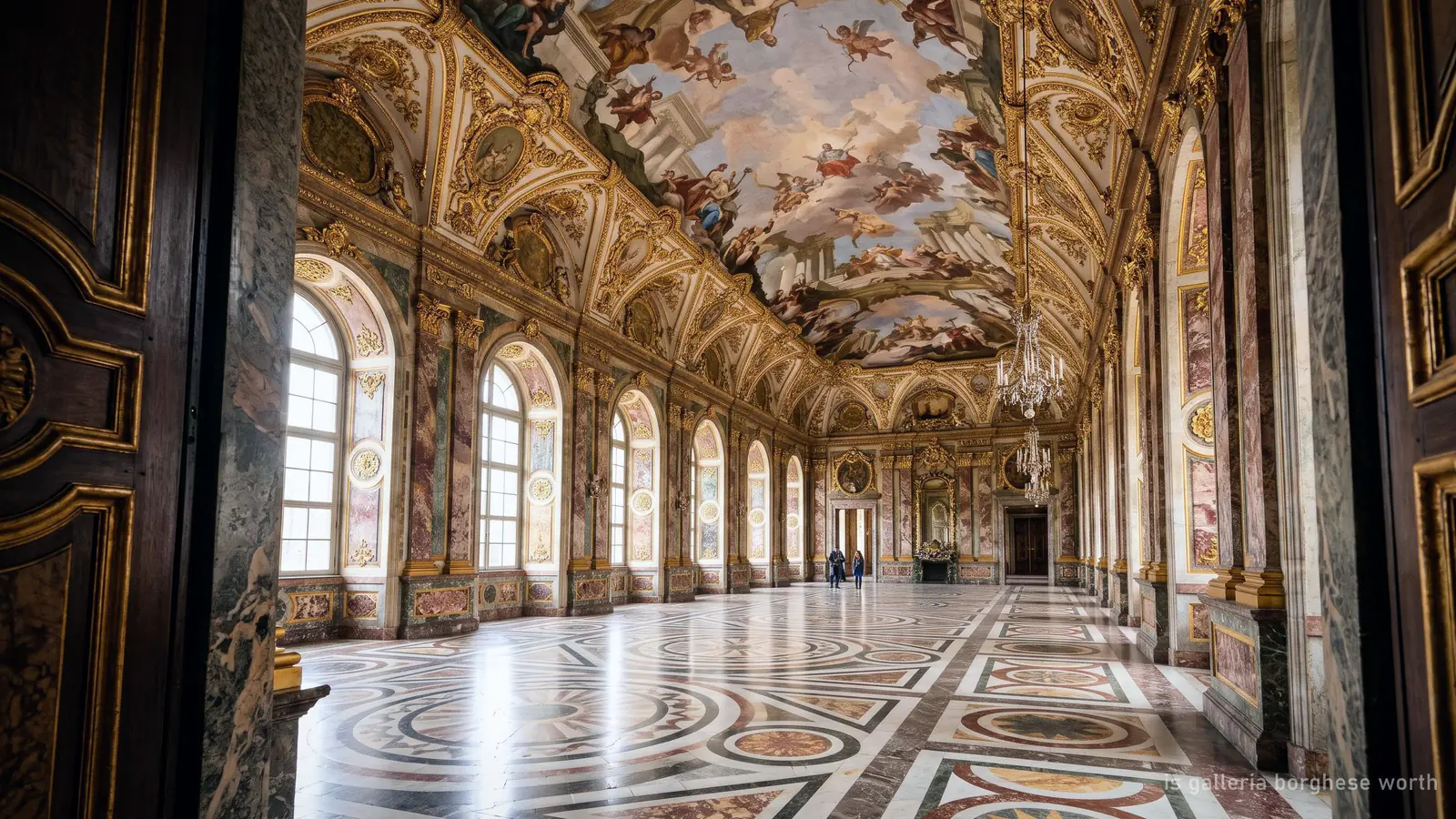 A frescoed baroque hall of the kind visitors walk through inside the Borghese Gallery