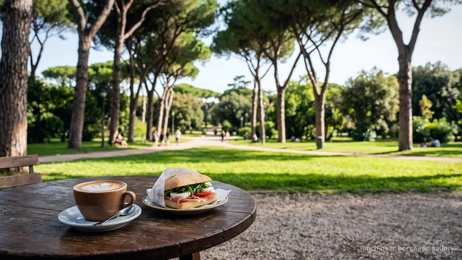 Coffee and a sandwich on a café table in Villa Borghese park