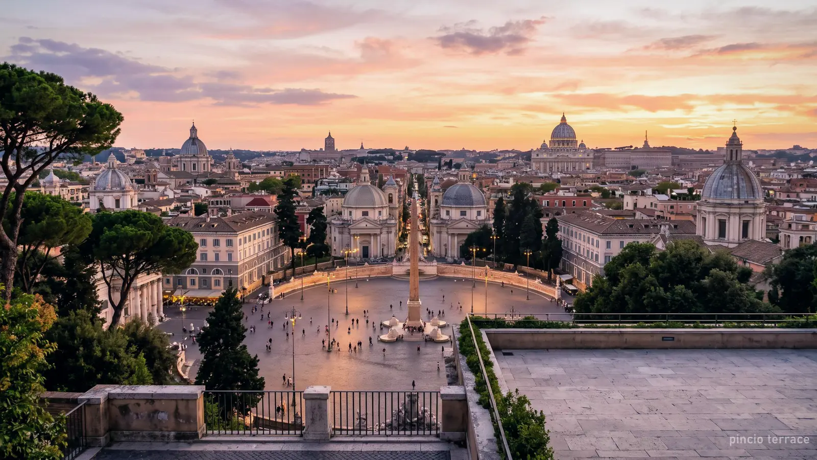Sunset view from the Pincio terrace over Piazza del Popolo, Rome