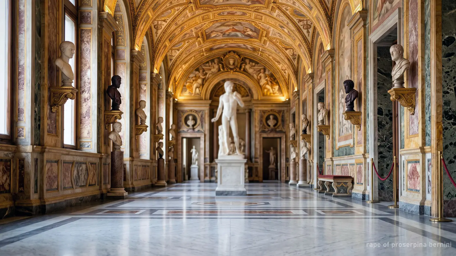 A marble-clad hall with busts and a frescoed vault, like the Room of the Emperors