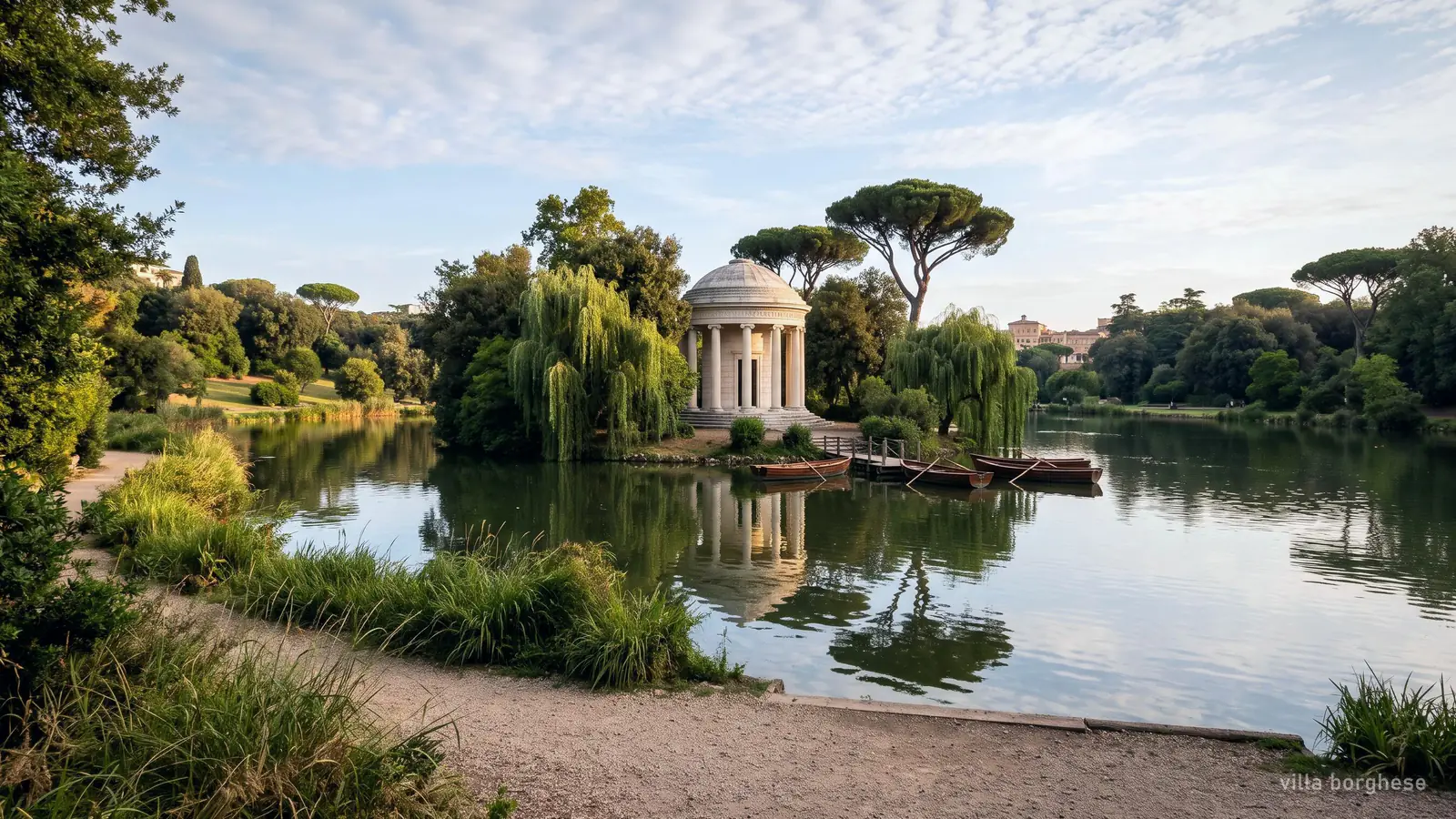 The Temple of Aesculapius on the lake in Villa Borghese park, Rome